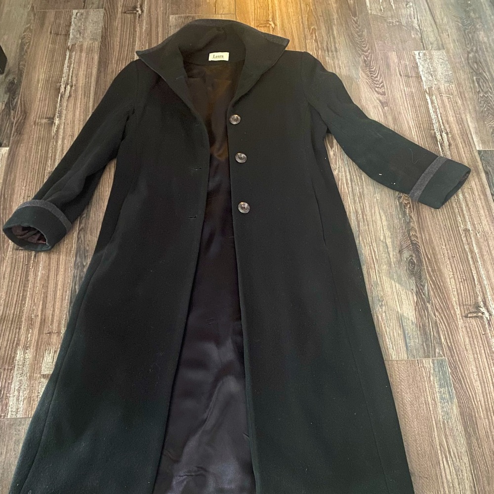 Full length black and charcoal winter coat
